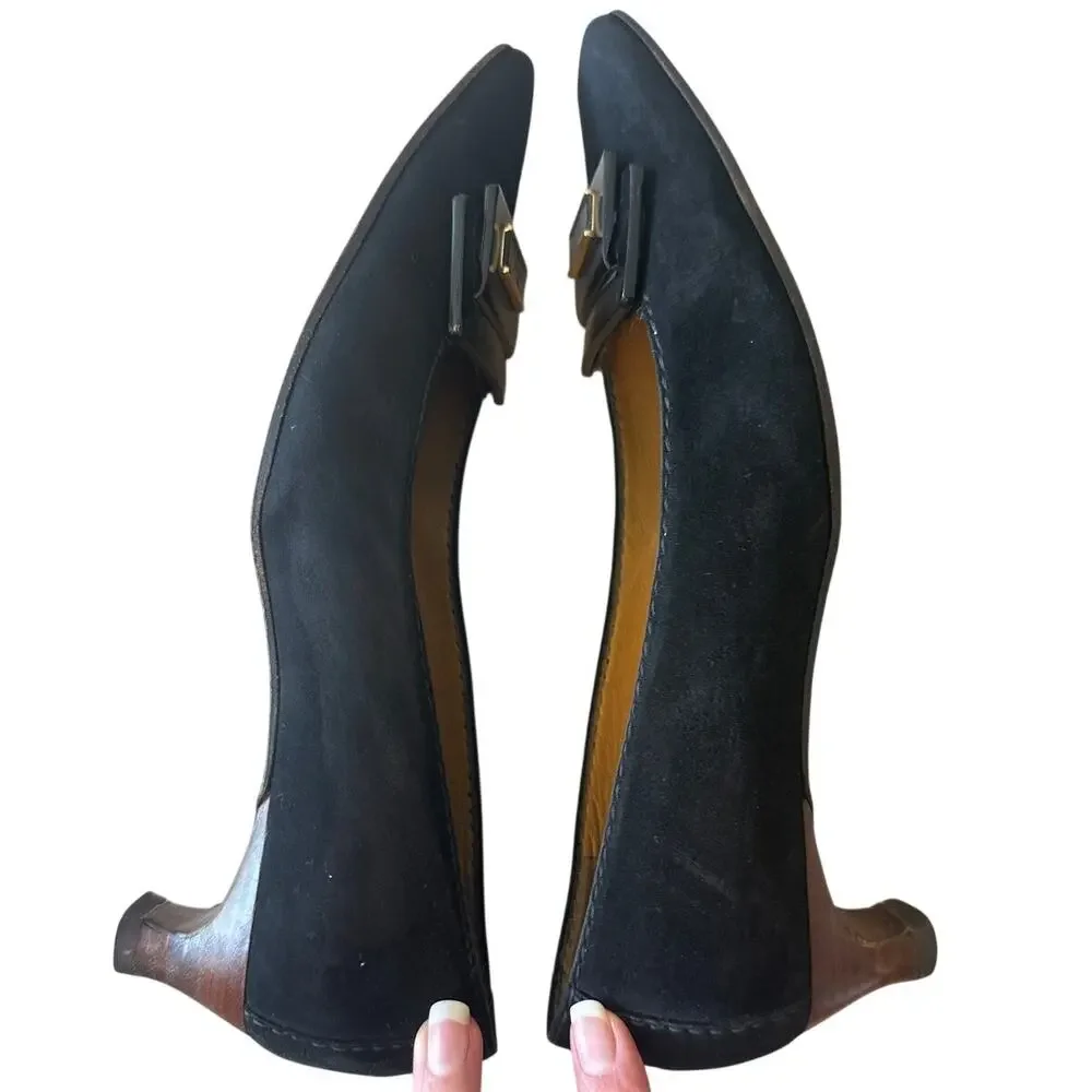 Vintage Gucci Black Suede Square Toe Kitten Heels Logo 36 - Picture 10 of 16
